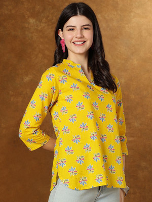 Fyunl Women Floral Print Straight Kurta(Yellow)