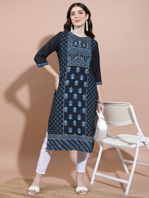 Vishudh Women Printed Straight Kurta(Dark Blue)