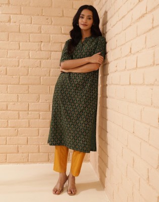 Fabindia Women Printed Straight Kurta(Green)