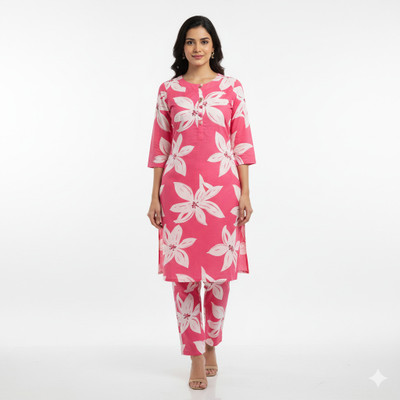 DEEPA FASHION Women Floral Print Straight Kurta(Pink)