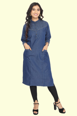 SK Creation Women Washed Straight Kurta(Dark Blue)