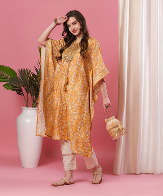 Globus Women Embroidered Kaftan Kurta(Yellow)