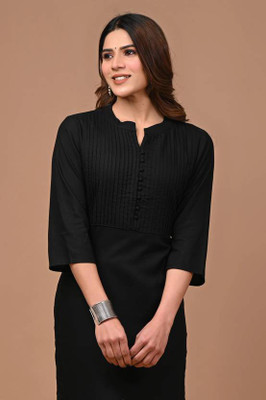 AMEVHI Women Solid A-line Kurta(Black)