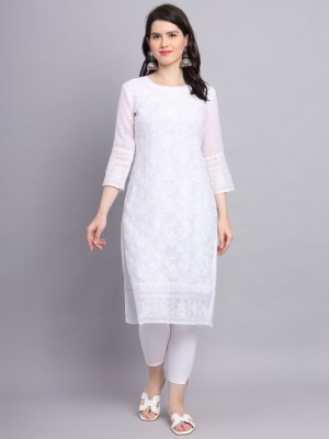 Sasta Bazar Women Chikan Embroidery A-line Kurta(White)