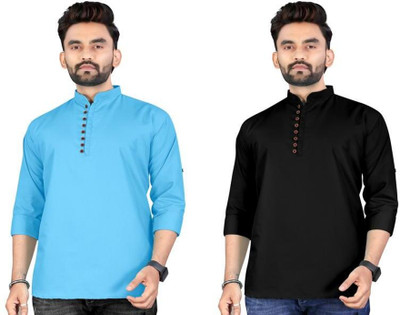 click n buy Men Solid Straight Kurta(Blue, Black)