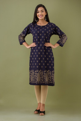 ShopGlobal Women Printed Straight Kurta(Blue)