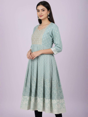 stitch haven Women Embroidered, Printed, Geometric Print Anarkali Kurta(Blue)