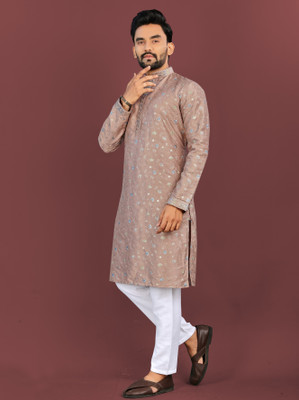 MOXTE Men Embroidered Straight Kurta(Beige)