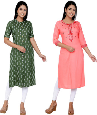 Kundan Women Printed Straight Kurta(Green, Pink)