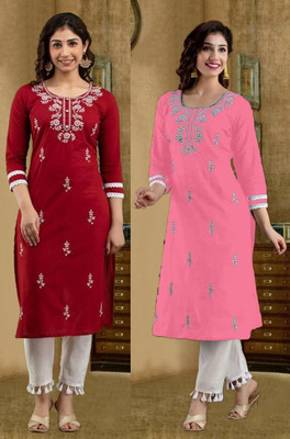 SISTO Women Chikan Embroidery Straight Kurta(Multicolor)