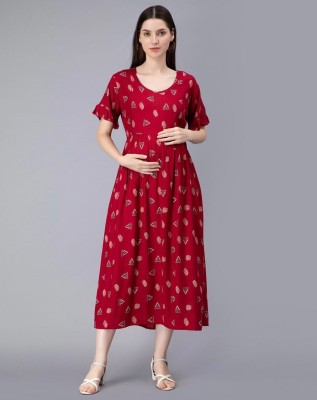 Khejal Women Printed A-line Kurta(Red)