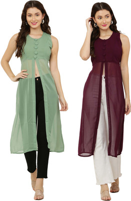 VESICLE Women Solid Frontslit Kurta(Light Green, Purple)