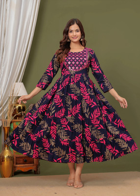 NKRM Women Printed, Embroidered Flared Kurta(Blue)