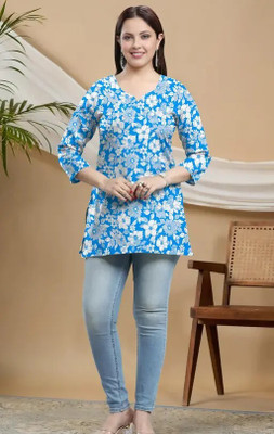 HouseOfCommon Women Floral Print A-line Kurta(Blue)