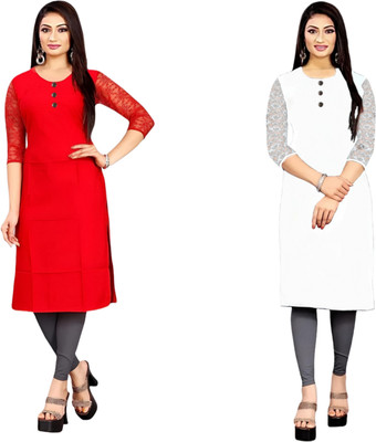 HOFC Women Solid Straight Kurta(Red, White)