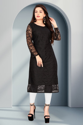 URUFASHIONMART Women Self Design A-line Kurta(Black)