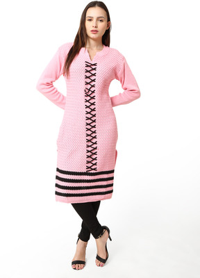 Aileyis Women Self Design Straight Kurta(Pink, Black)