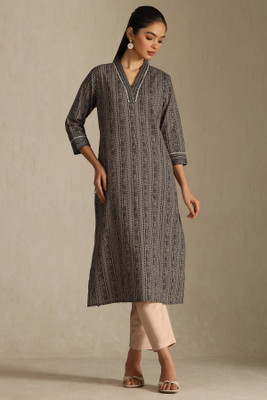 soch Women Printed Straight Kurta(Grey, Black)