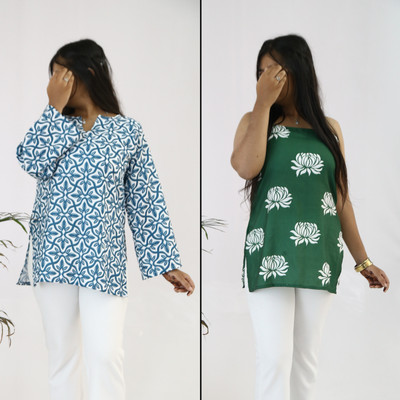 aanzri Women Printed A-line Kurta(Light Blue)