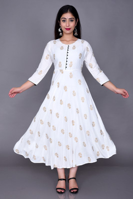 AARTI FASHION Women Printed Anarkali Kurta(White, Gold)