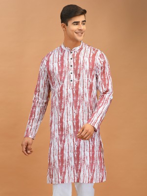 DEYANN Men Printed Straight Kurta(White, Maroon)