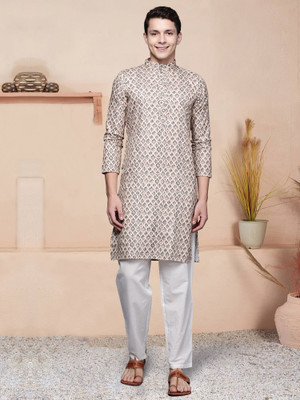 Indo Era Men Printed Straight Kurta(Brown, Beige)