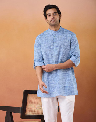 Fabindia Men Printed Straight Kurta(Blue)