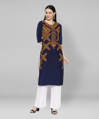 EthnicBasket Women Abstract Straight Kurta(Blue)