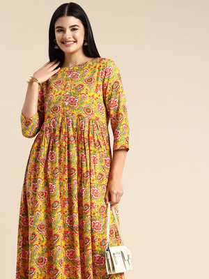 A&k Women Floral Print Flared Kurta(Yellow)