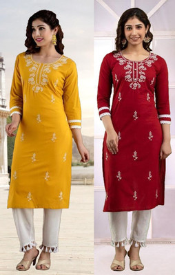 vikshi Women Chikan Embroidery Straight Kurta(Red, Maroon)