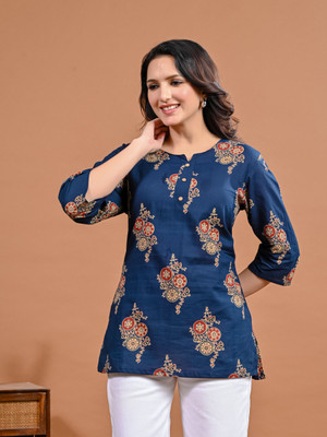 Y K Creation Women Printed Straight Kurta(Blue)