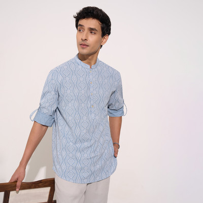 Indus Route by Pantaloons Men Printed A-line Kurta(Blue)