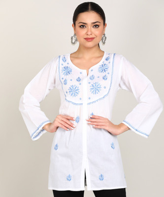 VAHSON Women Chikan Embroidery, Embroidered, Self Design A-line Kurta(White, Light Blue)