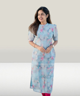 S Creation Women Floral Print A-line Kurta(Light Blue)
