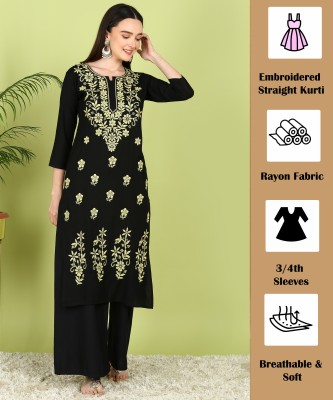 TOP N THREAD Women Chikan Embroidery, Embroidered, Floral Print, Self Design A-line Kurta(Black)