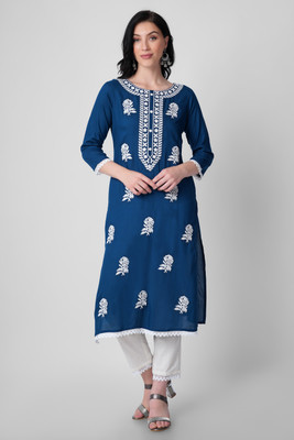 Purvija Kurties Women Embroidered Straight Kurta(Dark Blue)
