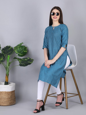 Awanee Women Striped Straight Kurta(Blue)