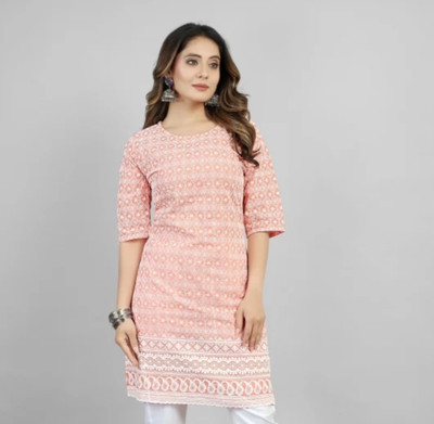 Banaras silk palace Women Embroidered A-line Kurta(Orange)