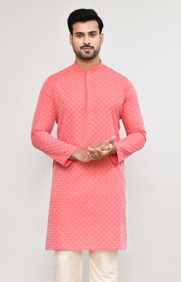 POLY2FAB Men Solid Straight Kurta(Pink)