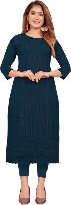 ZAZADIYA IMPEX Women Chikan Embroidery Straight Kurta(Dark Blue)