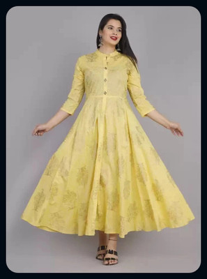 RACHNA FASHION Women Printed Flared Kurta(Yellow)