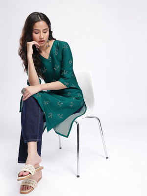 Anouk Rustic Women Floral Print Straight Kurta(Green)