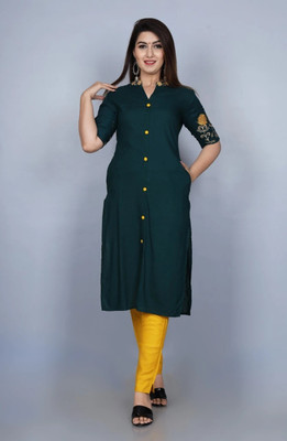Mehsoos Fashion Women Solid Frontslit Kurta(Green)