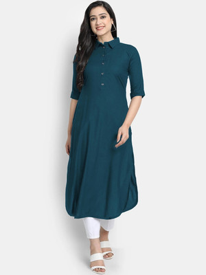 looknchoice Women Solid A-line Kurta(Dark Blue)