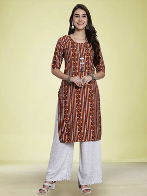Moda Rapido Men Geometric Print Straight Kurta(Brown)