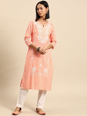 all about you Women Embroidered Straight Kurta(Pink)