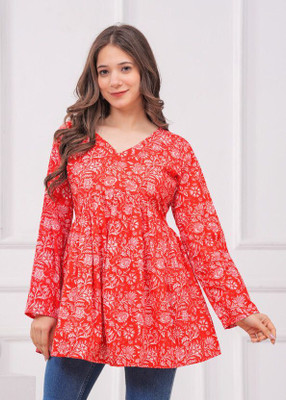 ARZOO Women Floral Print Flared Kurta(Red)