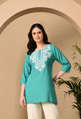 Divastri Women Chikan Embroidery Straight Kurta(Blue, White)