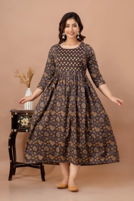 BALIYE Women Printed Anarkali Kurta(Brown)