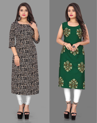 tanvi creation Women Floral Print Straight Kurta(Green, Black)